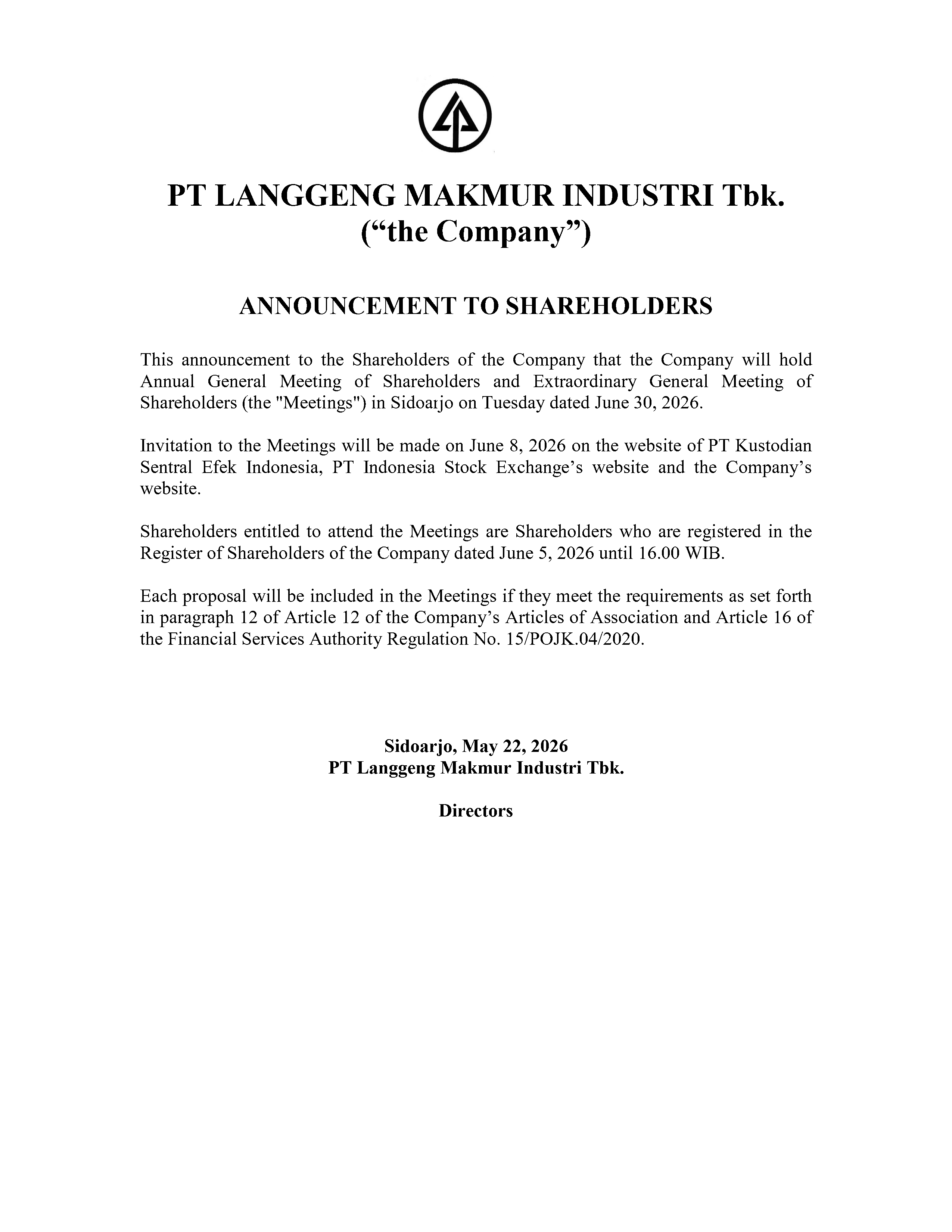 26 LMPI   GMS Announcement