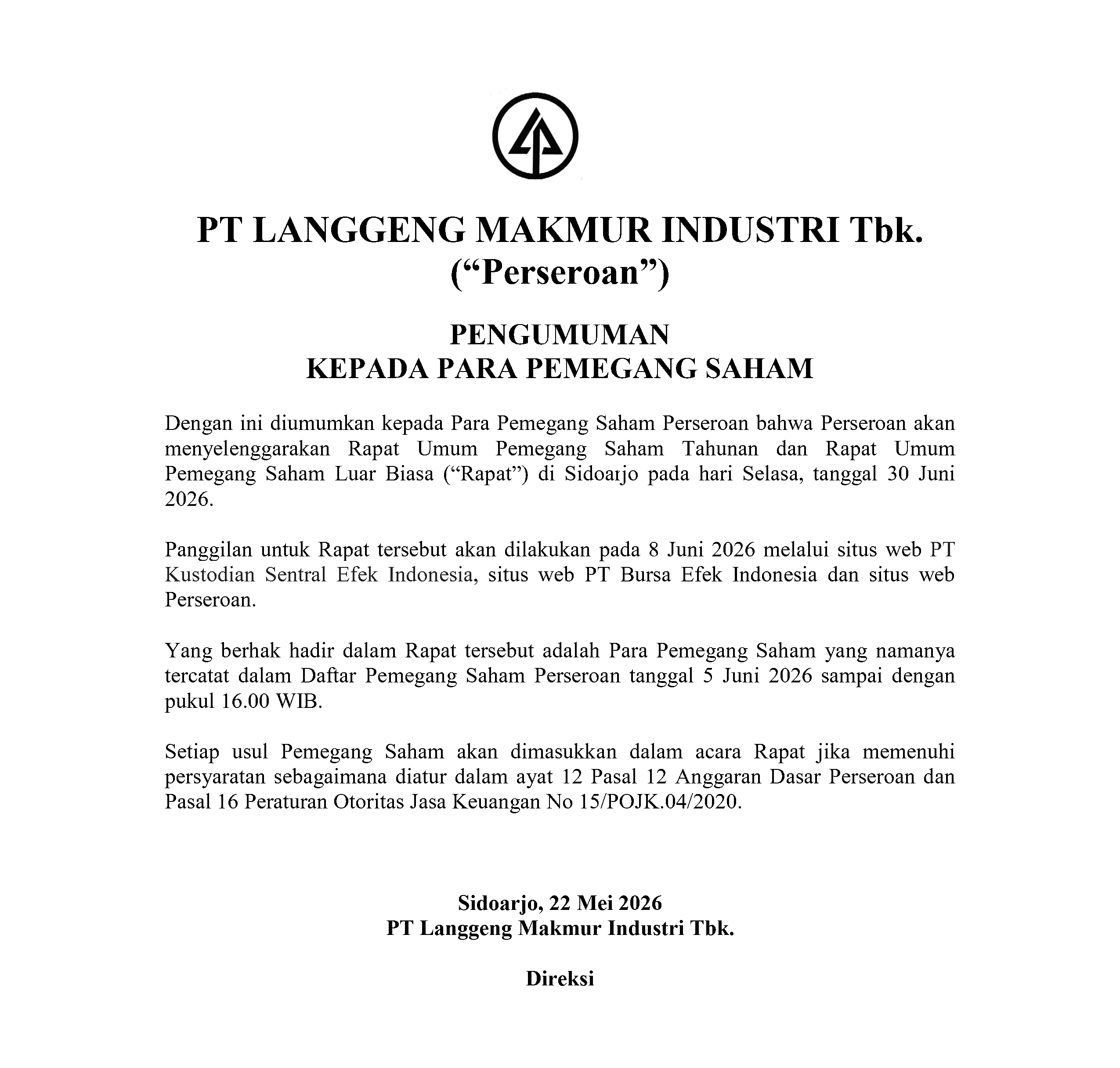 26 LMPI   Pengumuman RUPS