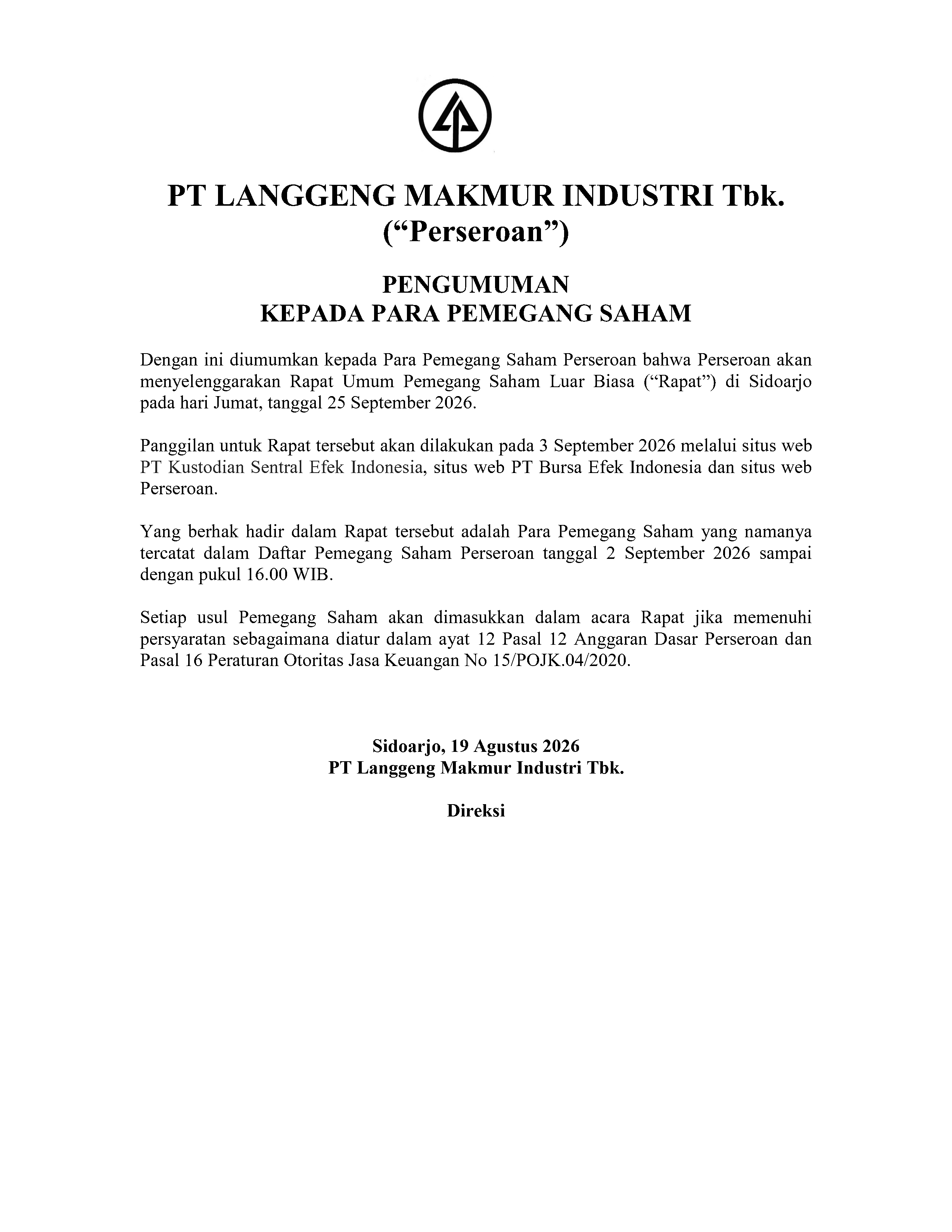 26 LMPI Pengumuman RUPSLB 2026